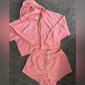 Aerie Restart Quarter Zip Soft Pink Textured Hoodie/Shorts Set